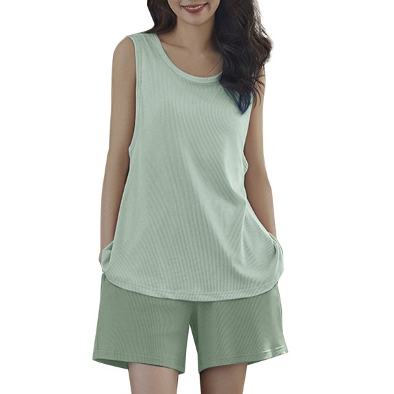 HNMKIU Women's Summer Ice Silk Ribbed Pajama Set with Padded Vest Comfortable Sleepwear Light Green,M