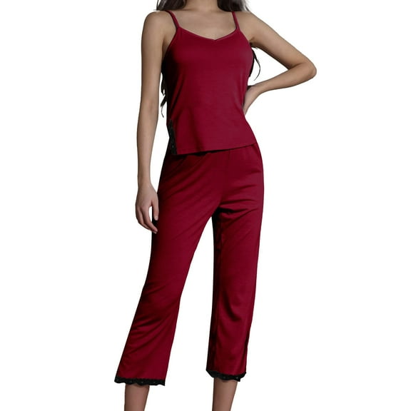 HNMKIU Women's Summer Lace Trim Suspender and Pants Two Piece Home Wear Set Casual Pajamas for Women for Sleep and 01_,XL