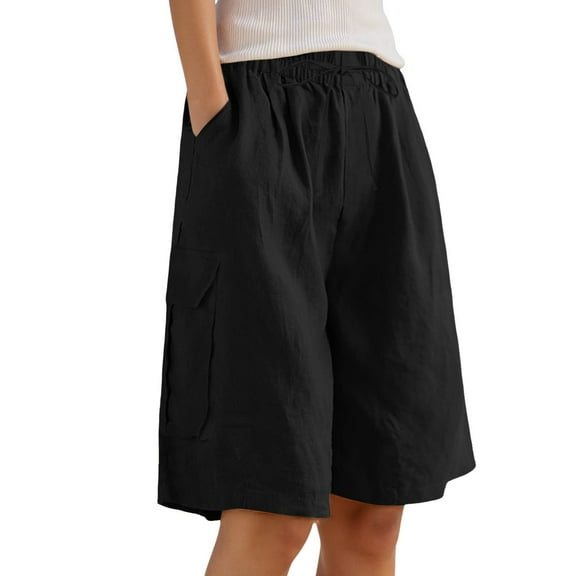 HNMKIU Women's Summer Linen Wide Leg Knee Length Shorts with Elastic Waist Drawstring Fit and Patch Pockets 01_Black,S