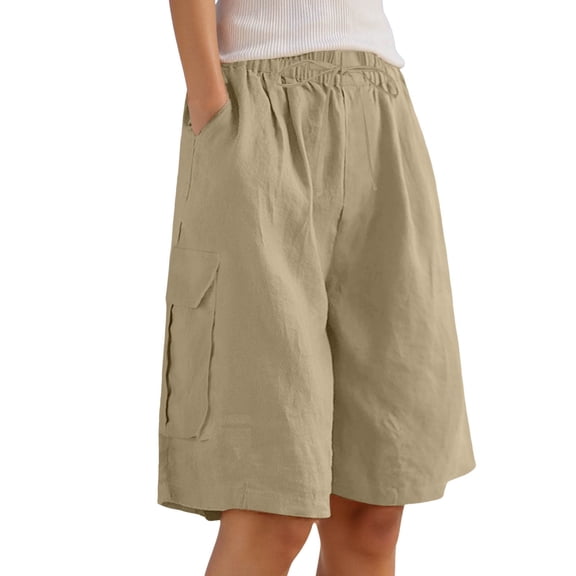 HNMKIU Women's Summer Linen Wide Leg Knee Length Shorts with Elastic Waist Drawstring Fit and Patch Pockets 01_Khaki,XL