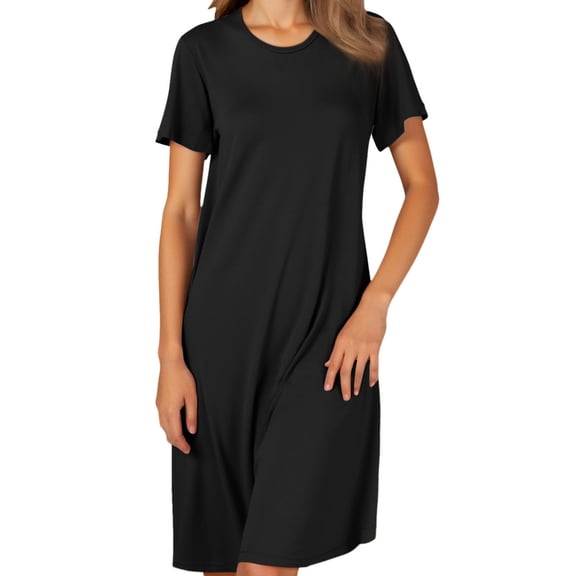 HNMKIU Women's Summer Nightgown with Built In Bra O Neck Short Sleeve Sleepwear Plus Size Pajamas Casual Loose Nightshirts 01_Black,L