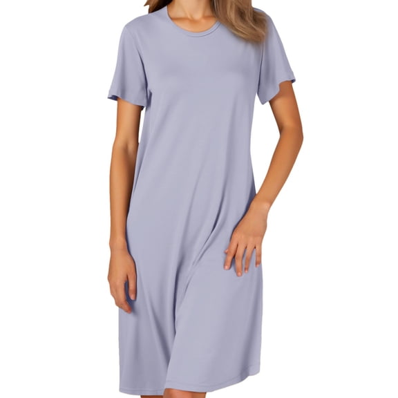 HNMKIU Women's Summer Nightgown with Built In Bra O Neck Short Sleeve Sleepwear Plus Size Pajamas Casual Loose Nightshirts 01_Light Blue,L