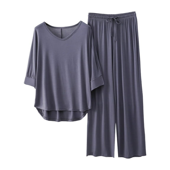 HNMKIU Women's Summer Pajama Set Soft Viscose V-Neck Top with Elastic Waist Wide Leg Pants Comfortable Outfit Dark Gray,L
