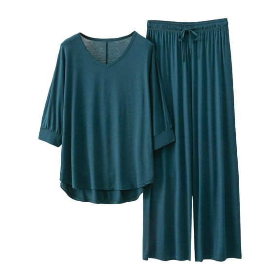 HNMKIU Women's Summer Pajama Set Soft Viscose V-Neck Top with Elastic Waist Wide Leg Pants Comfortable Outfit Dark Green,L