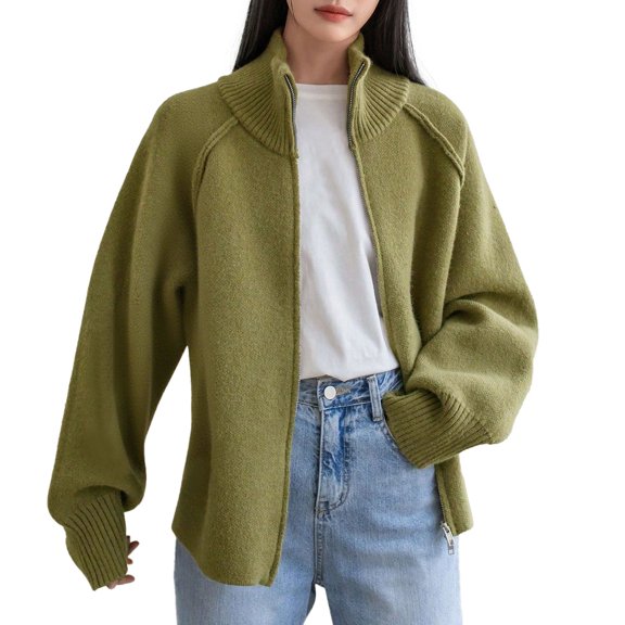 HNMKIU Women's Sweater Coat Casual Zip Up Cardigan Stand Collar Long Sleeve Outerwear Soft Warm Loose Fit Tops Cardigan Sweaters for Women Army Green,One Size