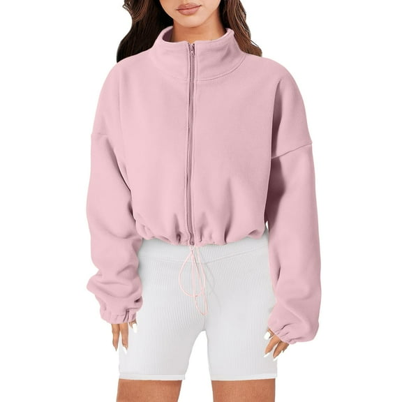 HNMKIU Women's Sweatshirt Full Zip d Crop Jacket Winter Long Sleeve Stand Collar Workout Coat Windbreaker for Sports Pink,M
