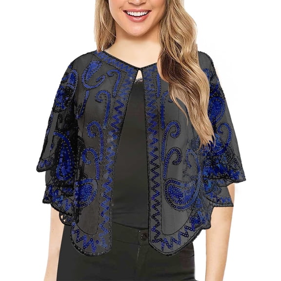 HNMKIU Women's T-Shirts Elegant Women's Sequin Party Top with Beaded Lace Shawl Collar Fashionable Banquet Vest Dress Blue,One Size