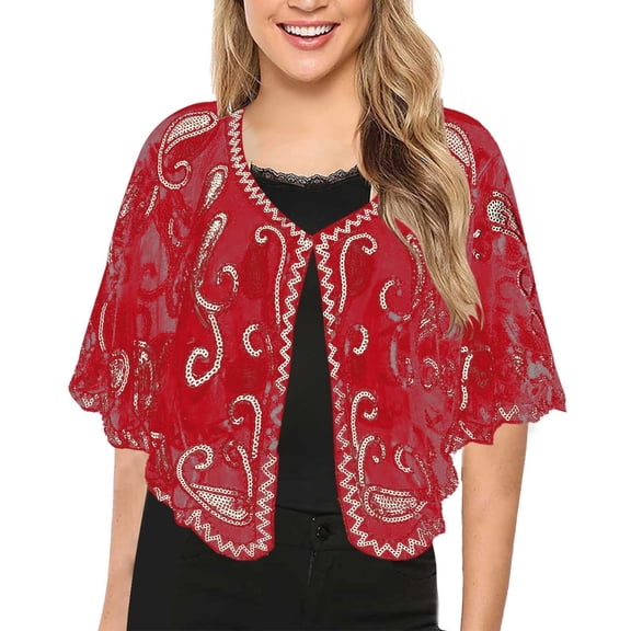 HNMKIU Women's T-Shirts Elegant Women's Sequin Party Top with Beaded Lace Shawl Collar Fashionable Banquet Vest Dress Red,One Size