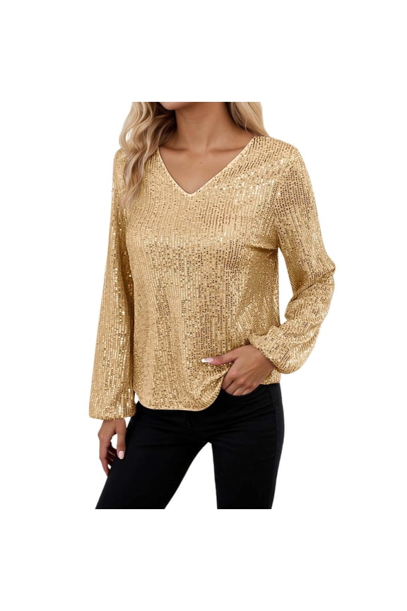 Women's T-Shirts European Fashion Slim Fit V Neck Long Sleeve Sequin T Shirt Dressy Casual Top for Women Gold,S