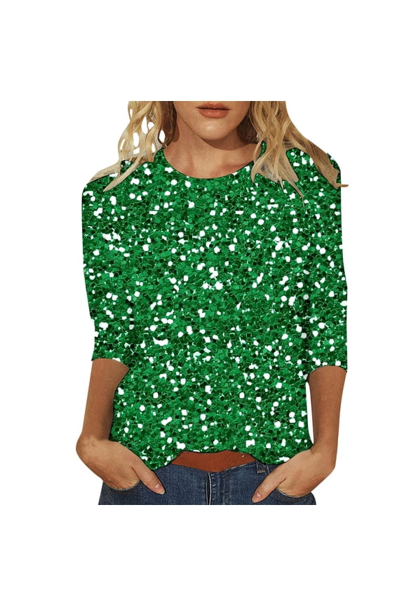 Women's T-Shirts Fashion Women's Casual Top with Sparkling Sequins Three Quarter Sleeve Round Neck Loose Fit Printed Tee for Everyday Style Green,S