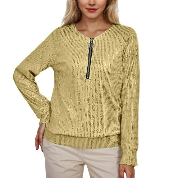 HNMKIU Women's T-Shirts Women's Fashion Casual Loose Fit Long Sleeve Round Neck Sequin Solid Color T-Shirt Top Yellow,S
