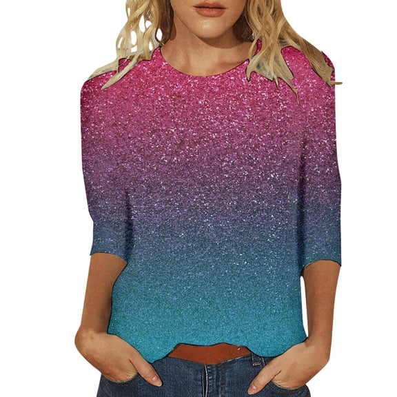 HNMKIU Women's T-Shirts Women's Fashion Casual Top with Sequined Print Three Quarter Sleeve Round Neck Loose Fit T-Shirt Blue,M