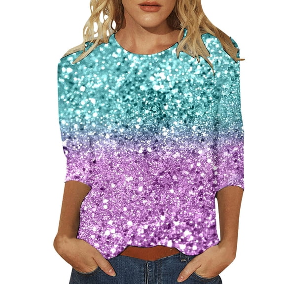 HNMKIU Women's T-Shirts Women's Fashion Casual Top with Sequined Print Three Quarter Sleeve Round Neck Loose Fit T-Shirt Purple,XXL