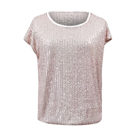HNMKIU Women's T-Shirts Women's Fashion Sequin Casual Loose Fit Sleeveless Round Neck T-Shirt Top for Party Outing Beige,S