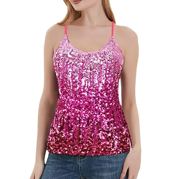 HNMKIU Women's Tanks & Camis Women's Sequin Glitter Party Top Elegant Strappy Tank for Evening Celebrations and Hot Pink,XL