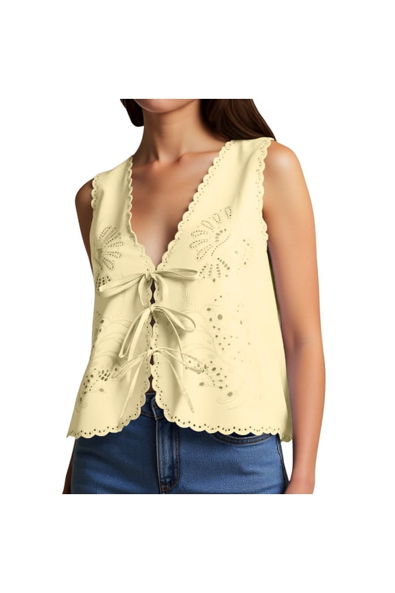 Women's French Bow Embroidery Hollow Out Tie Detail Camisole Top for Summer Stylish and Comfortable Womens Tank Tops for Daily Wear Yellow,S