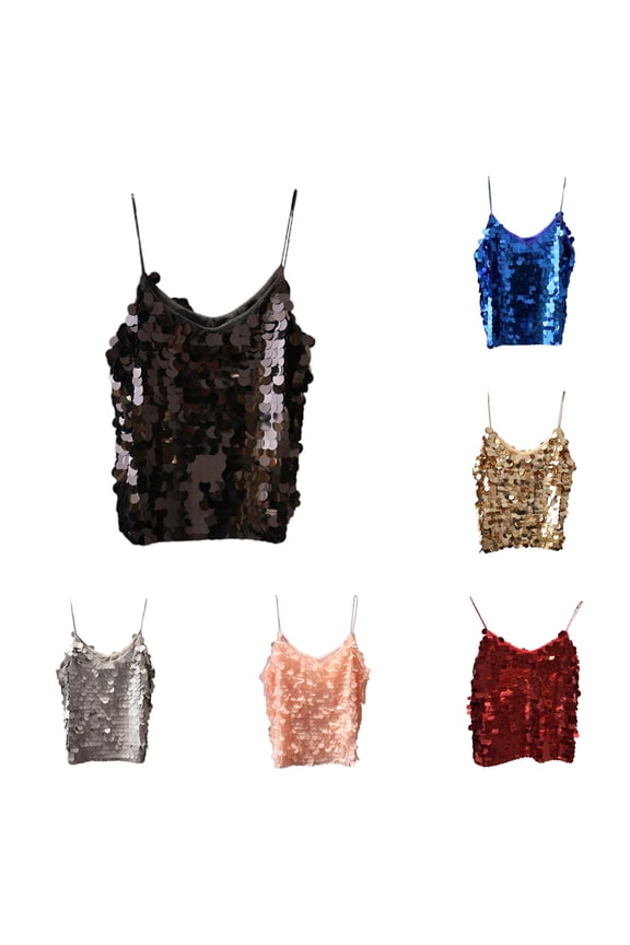 Women's Tanks & | V Neck Fish Scale Sequined Tank Top Shiny Spaghetti Strap Vest for Women Size One Size