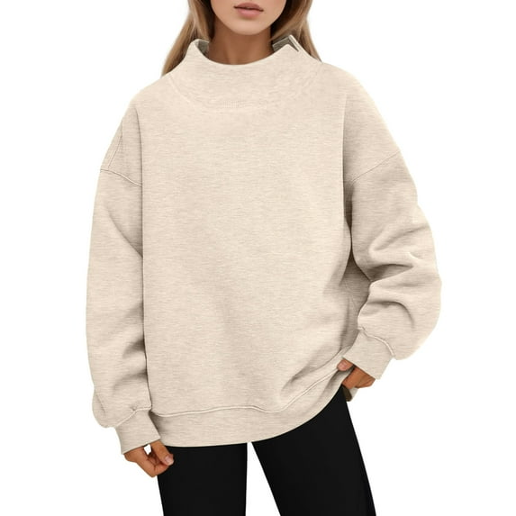 HNMKIU Women's Turtleneck Pullover Long Sleeve Crewneck Sweatshirt for Women Fall Solid Color Casual Top Z02_Beige,XL