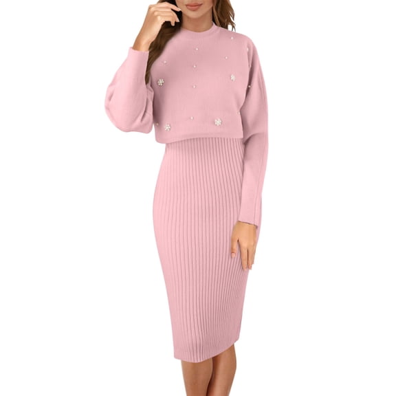 HNMKIU Women's Two Piece Outfit Sets Short Sleeve Round Neck Pullover Top and V Neck Beaded Knitted Bodycon Dresses for Women Z05_Pink,One Size