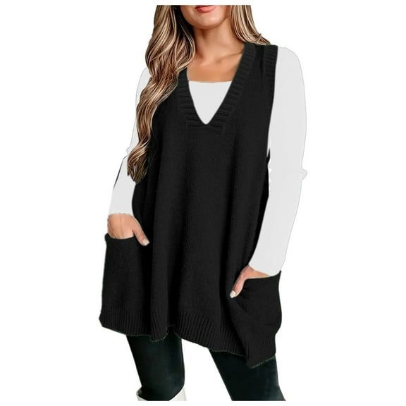HNMKIU Women's V Neck Pullover Knitwear Sleeveless Sweater Vest Casual Loose Solid Color Retro Sweater Vest for Spring and Fall b-Black,XL