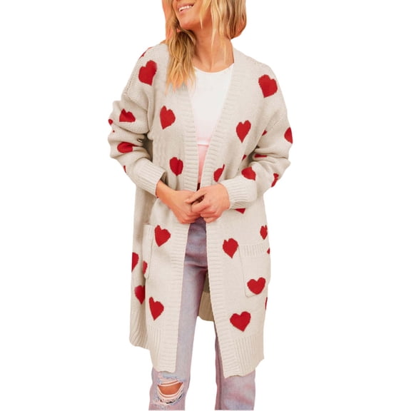 HNMKIU Women's Valentine's Day Knitted Cardigan Pocket V Neck Mid Length Coat Cardigan Sweaters for Women Beige,S