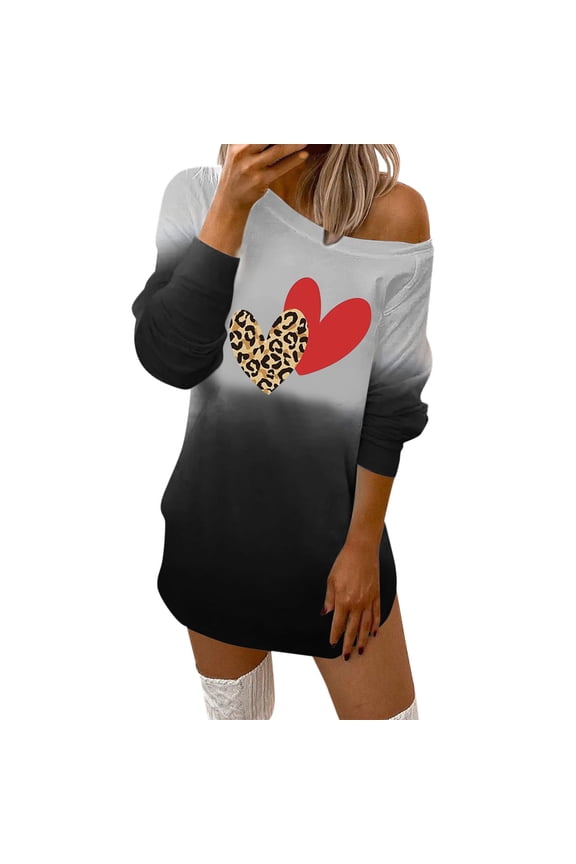 Women's Valentine's Day Off Shoulder Casual Dress with Long Sleeves and Floral Print O Neck Top Black,L