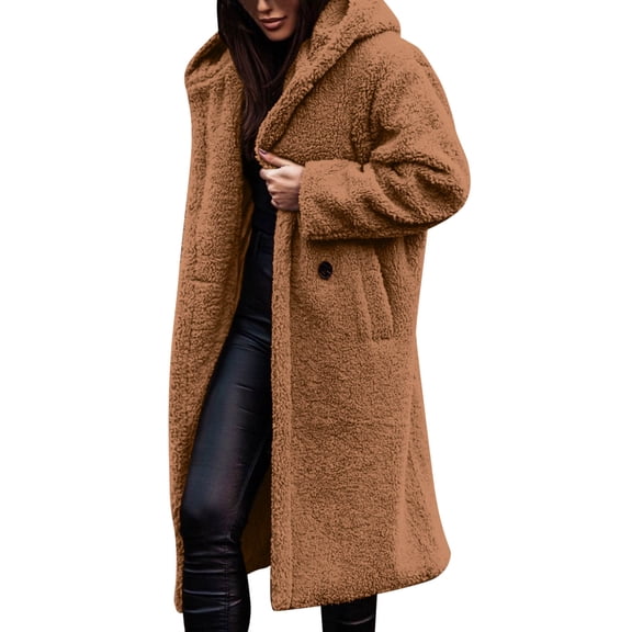HNMKIU Women's Winter Long Sleeve Solid Open Front Hooded Cardigan Jacket with Pockets Soft and Warm Womens Winter Coats for Casual Wear Brown,L
