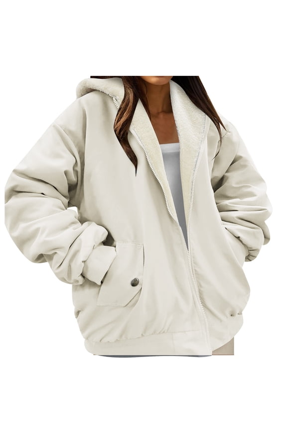 Women's Winter Loose Fitting Hooded Top Thickened Reversible Lamb Jacket Soft and Warm Womens Winter Coat for Cold Weather Beige,XL