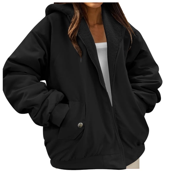 HNMKIU Women's Winter Loose Fitting Hooded Top Thickened Reversible Lamb Jacket Soft and Warm Womens Winter Coat for Cold Weather Black,XL
