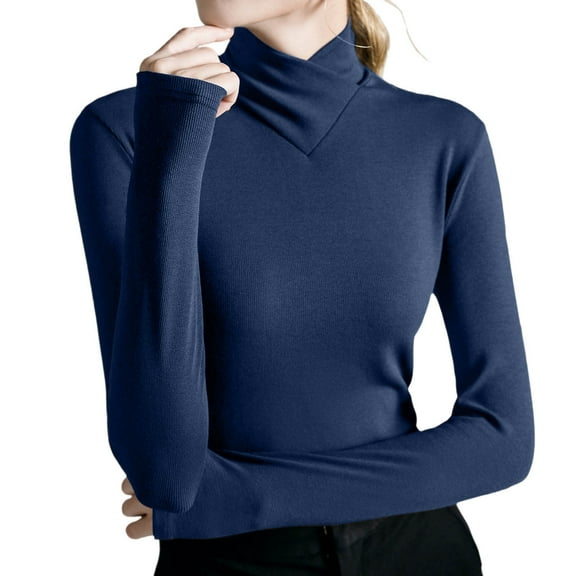 HNMKIU Women's Winter Warm Ribbed Fabric High Neck Long Sleeve Slim Fit Pullover Sweater Base Layer Casual Top Blue,S