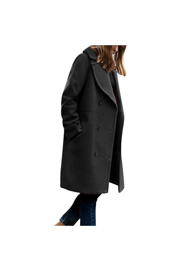 Women's Winter Blend Mid Long Coat with Notch Lapel Double Jacket Classic Long Coat Women for Fashion Outerwear Black,S
