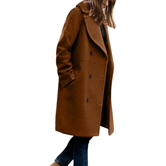 HNMKIU Women's Winter Blend Mid Long Coat with Notch Lapel Double Jacket Classic Long Coat Women for Fashion Outerwear Brown,S