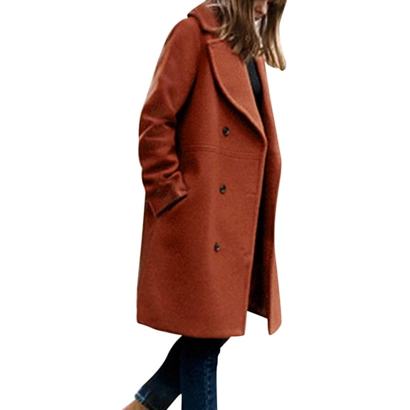 HNMKIU Women's Winter Blend Mid Long Coat with Notch Lapel Double Jacket Classic Long Coat Women for Fashion Outerwear Red,L