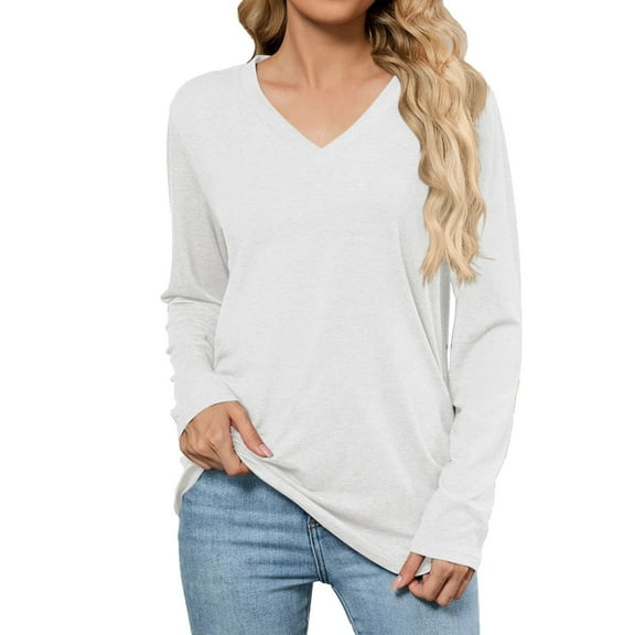 HNMKIU Women's Womens V Neck T Shirts Long Sleeve Casual Basic Soft Comfortable Everyday Versatile Pure Color Loose Fit Tee White-b,XL