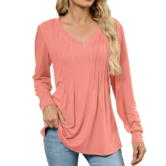 HNMKIU Women's Womens V Neck T Shirts Long Sleeve Casual Basic Solid Top Ribbed Detail Loose Fit for Daily Wear All Season Pink-c，XXL