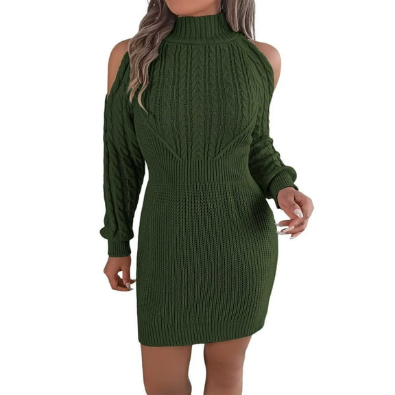 HNMKIU Womens Autumn Winter Casual Neck Off Shoulder Elegant Sleeve Knit Bodycon Sweater Dress for Women Green,M