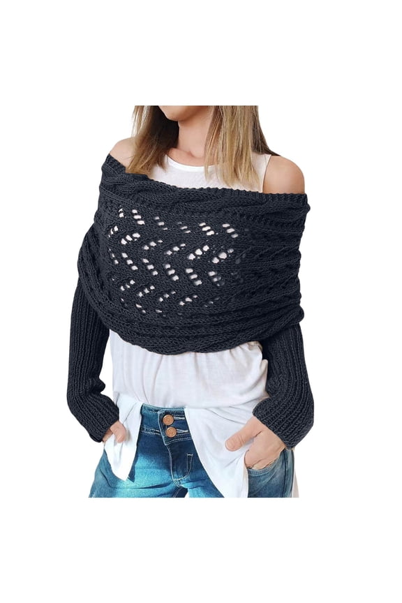 Womens Autumn Winter Fashion Casual Solid Color Open Knit Shawl With Sleeves Scarf Wrap Z9094-Navy,One Size