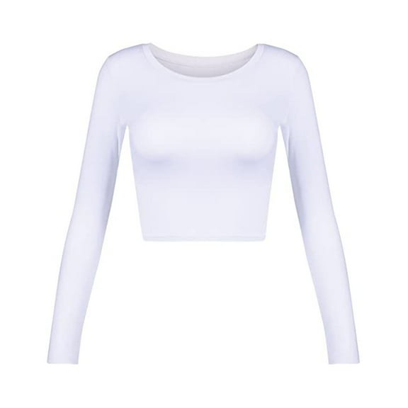 HNMKIU Womens Basic Cropped T Shirts for Women Round Neck Long-Sleeved Slim Fitted Short Solid Top for Women White,M