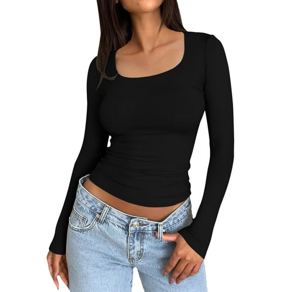 HNMKIU Womens Basic Fitted T Shirts for Women Long Sleeve Round Neck Crop Top Tee Solid Tight Slim Fit for Workout Black,L