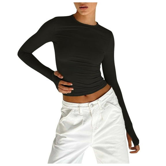 HNMKIU Womens Basic Fitted T Shirts for Women Solid Round Neck Long Sleeve Finger Button Slim Fit Shirt for Women Black,L
