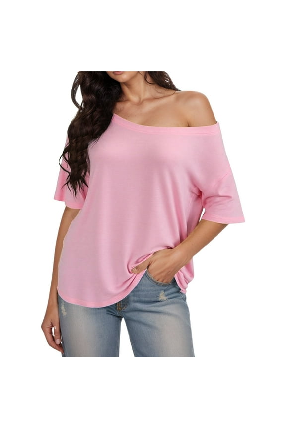 Womens Button Down Blouse Summer Casual Off Shoulder Short Sleeve Fashionable Loose Fit Long Sleeve Tops for Women Pink,S