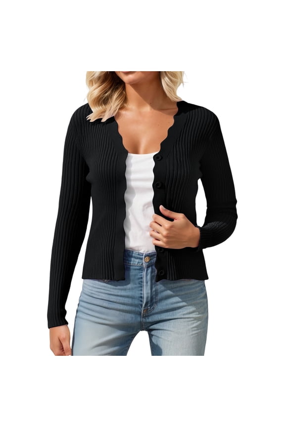 Womens Cardigan 2025 Fashion V-Neck Slim Fit Basic Long Sleeve Knit Sweater Button Up Stretchy Top for Layering Z10012-Black,One Size