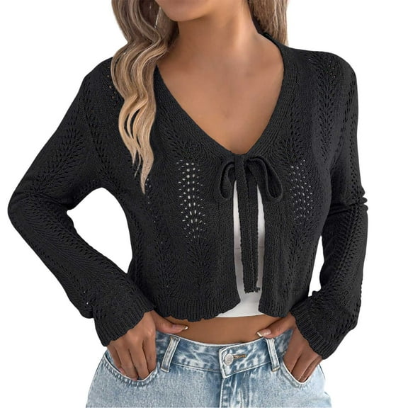HNMKIU Womens Cardigan Casual Belted Long Sleeve Knit Sweater Open Front Lightweight Cover Up for Spring and Fall Black,S