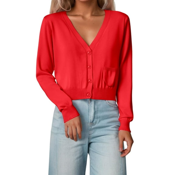 HNMKIU Womens Cardigan Short Cropped Long Sleeve Knit Sweater High Waist Fit Lightweight Button Up Spring Top Red,XL