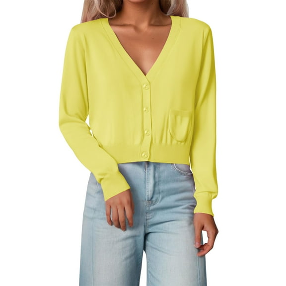 HNMKIU Womens Cardigan Short Cropped Long Sleeve Knit Sweater High Waist Fit Lightweight Button Up Spring Top Yellow,M