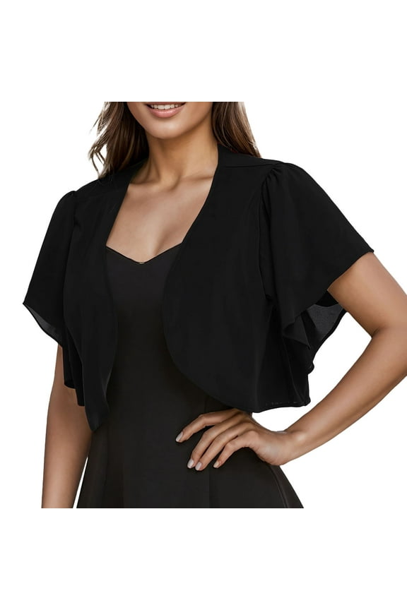 Womens Cardigan Short Sleeve Casual Solid Color Top with Flounce Hem Lightweight Summer Button Up Cover Up Z10011-Black,M