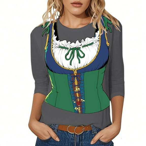 HNMKIU Womens Casual 3/4 Sleeve T Shirts for Women Oktoberfest Themed Print Round Neck Loose Fit Top for Travel Grey-a,XXL