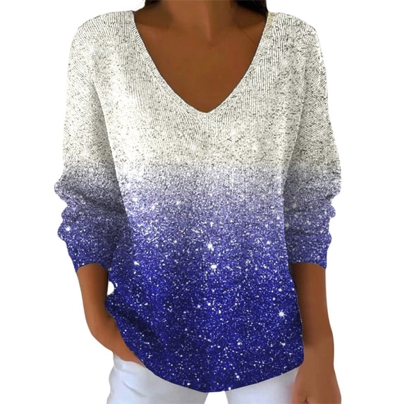 HNMKIU Womens Casual Drop Shoulder V Neck Long Sleeve Women's Sweatshirt Hoodless Pullover T-Shirt Comfort Top 02_Blue,L