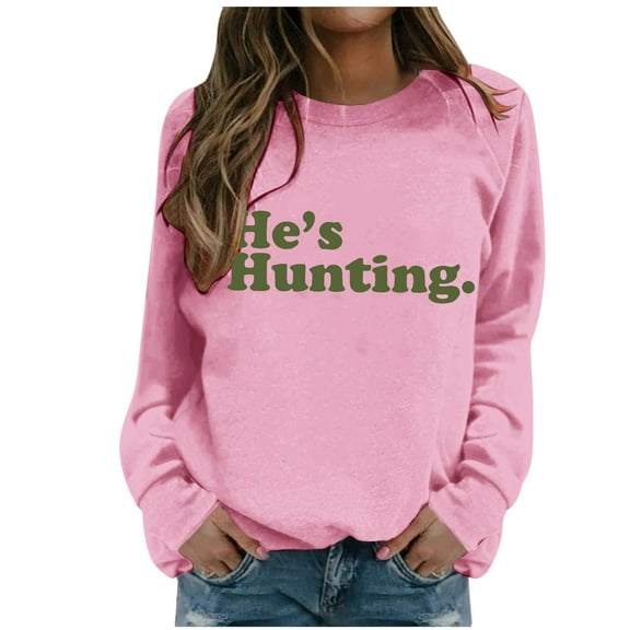 HNMKIU Womens Fashion Casual Long Sleeve Crew Neck Sweatshirts Printed Pullover Hoodless Sweatshirts Top Pink,L