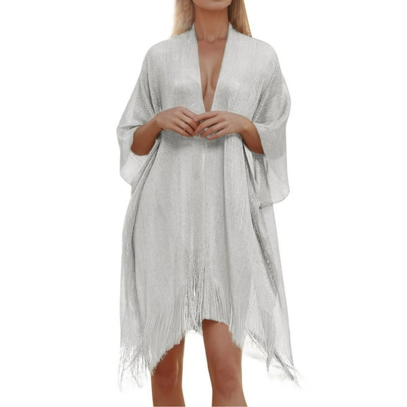 HNMKIU Womens Filigree Fringe Cape with in Solid Transparent Lightweight Shawl for Elegant Evening Wear Silver,One Size